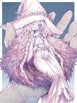  1girl blue_eyes blue_skin colored_skin commentary dress elden_ring english_commentary extra_arms fur_cloak hat highres kupa_(jesterwii) looking_at_viewer medium_hair minigirl one_eye_closed open_mouth ranni_the_witch solo_focus white_dress witch_hat 