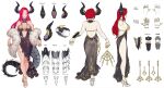  1girl absurdres aoin bare_shoulders black_dress blue_eyes breasts character_sheet dragon_queen_hane dress earrings feather_boa high_heels highres horns indie_virtual_youtuber jewelry large_breasts long_hair mechanical_horns mechanical_tail multiple_views navel redhead see-through tail white_footwear 