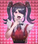  1girl @_@ ame-chan_(needy_girl_overdose) bangs black_hair black_ribbon blush bow_(bhp) cunnilingus_gesture diagonal_bangs drugs hair_ornament hair_over_one_eye hairclip hand_up heart heart_background looking_at_viewer neck_ribbon needy_girl_overdose one_eye_covered pill_on_tongue red_shirt ribbon shirt solo tongue tongue_out twintails upper_body violet_eyes x_hair_ornament 