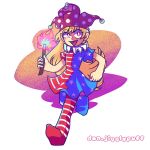  1girl artist_name bangs blonde_hair clownpiece dress hat highres jester_cap long_hair neck_ruff no_shoes open_mouth pants polka_dot running short_sleeves smile solo touhou 