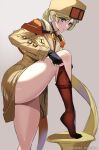  1girl artist_name ashiomi_masato bangs blonde_hair blue_eyes blush brown_legwear closed_mouth commentary_request detached_sleeves eyebrows_visible_through_hair fingerless_gloves fur_hat gloves guilty_gear guilty_gear_strive hat highres leg_up long_hair long_sleeves looking_at_viewer millia_rage pantyhose pulled_by_self shiny shiny_hair shiny_skin simple_background solo thighs tied_hair twitter_username ushanka 