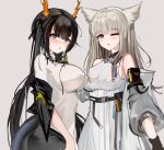 2girls :o absurdres animal_ears arknights arknights:_endfield bangs bare_shoulders belt belt_pouch black_hair blue_eyes blunt_bangs blush breasts cat_ears chinese_commentary commentary_request covered_nipples cowboy_shot dragon_girl dragon_horns dragon_tail dress endfield_dragon_girl_(arknights) eyebrows_visible_through_hair grey_background grey_jacket hand_on_another&#039;s_chin highres horns impossible_clothes impossible_dress jacket large_breasts long_hair looking_at_viewer mikuning multiple_girls off_shoulder one_eye_closed open_clothes open_jacket perlica_(arknights) pouch silver_hair simple_background tail tail_through_clothes twintails very_long_hair violet_eyes white_dress