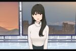  1girl bangs black_hair breasts brown_eyes building earrings eyebrows_visible_through_hair highres jewelry large_breasts letterboxed looking_at_viewer night night_sky original sky smile sweater turtleneck wakamatsu372 white_sweater 