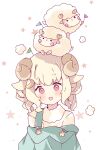  1girl :d animal_ears animal_on_head bangs blonde_hair commentary crescent crescent_hair_ornament curled_horns eyebrows_visible_through_hair hair_ornament highres horns looking_at_viewer on_head original overalls pennant red_eyes sheep sheep_ears sheep_girl sheep_horns shirt short_eyebrows simple_background smile solo starry_background strap_slip symbol-only_commentary thick_eyebrows tsukiyo_(skymint) upper_body white_background white_shirt 