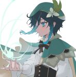  1boy bangs beret black_hair blue_eyes blue_hair blush bow braid cape commentary_request flower genshin_impact gradient_hair green_cape green_headwear hair_between_eyes hat hat_flower highres long_sleeves male_focus mei_(maple_152) multicolored_hair parted_lips simple_background solo twin_braids upper_body venti_(genshin_impact) white_background white_flower 
