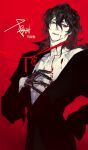  1boy black_gloves bleeding blood character_name ensemble_stars! fangs gloves half_gloves hand_on_own_chest highres looking_at_viewer looking_to_the_side male_focus monochrome off-shoulder_shirt off_shoulder open_mouth parted_lips pigeon666 plunging_neckline red_background red_eyes red_ribbon red_theme ribbon sakuma_rei_(ensemble_stars!) shirt signature simple_background smile solo 