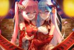  2girls :d :o bangs bare_shoulders blue_eyes blue_hair china_dress chinese_clothes chinese_new_year commentary_request dress fireworks highres honkai_(series) honkai_impact_3rd horns lantern liliya_olenyeva long_hair looking_at_viewer multiple_girls new_year open_mouth photoshop_(medium) pink_hair red_dress red_sleeves rozaliya_olenyeva scroll shaded_face siblings single_horn sisters smile twins zhongwu_chahui 