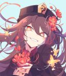  1girl aqua_background avului bangs black_coat brown_hair bug butterfly coat commentary eyebrows_visible_through_hair floating_hair flower flower-shaped_pupils genshin_impact grin hair_between_eyes hands_on_own_chest hat holding hu_tao_(genshin_impact) long_hair long_sleeves looking_at_viewer plum_blossoms porkpie_hat red_eyes simple_background smile solo symbol-shaped_pupils teeth upper_body 