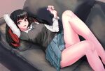  absurdres arm_behind_head black_hair candy couch food grey_eyes gyaru highres lollipop looking_at_viewer lying multicolored_hair necktie on_back open_mouth pillow redhead school_uniform skirt smile sono_bisque_doll_wa_koi_wo_suru sugaya_nowa twintails unstableboiler 