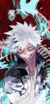  1boy blue_eyes boku_no_hero_academia burn_scar dabi_(boku_no_hero_academia) highres jacket looking_at_viewer male_focus messy_hair piercing scar scar_on_face shirt slit_pupils solo spiky_hair teeth twitter_username unou_(unou_mha) v-neck white_hair white_shirt 