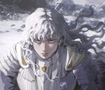  1boy absurdres androgynous armor bangs berserk chromatic_aberration closed_mouth curly_hair day eyebrows_behind_hair floating_hair grey_eyes griffith_(berserk) highres lips long_hair looking_at_viewer male_focus nose serious sidelocks snow solo straight-on sunlight thisuserisalive tsurime upper_body white_hair 