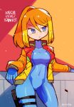  1girl absurdres blonde_hair blue_eyes blush_stickers bodysuit english_text frown furrowed_brow highres holster jacket leaning_on_object looking_to_the_side metroid mole mole_under_mouth ponytail rariatto_(ganguri) samus_aran sidelocks thigh_holster zero_suit 