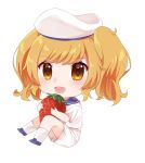  1girl bangs blonde_hair blue_footwear blue_sailor_collar blush chibi commentary_request eyebrows_visible_through_hair food fruit full_body happy hat highres holding kitashirakawa_chiyuri loafers medium_hair midriff_peek milll_77 open_mouth sailor_collar sailor_hat sailor_shirt shirt shoes short_sleeves shorts simple_background strawberry touhou touhou_(pc-98) twintails white_background white_headwear white_shirt white_shorts yellow_eyes 