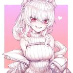  1girl bangs bare_shoulders breasts colored_skin copyright_request eyebrows_visible_through_hair fangs heart highres jacket kupa_(jesterwii) long_hair looking_at_viewer medium_breasts open_mouth ponytail red_eyes smile solo sweater teeth turtleneck turtleneck_sweater virtual_youtuber white_skin 