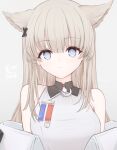  1girl animal_ears arknights arknights:_endfield bangs bare_shoulders blonde_hair blue_eyes blunt_bangs blush breasts cat_ears eyebrows_visible_through_hair grey_background grey_shirt highres long_hair looking_at_viewer medium_breasts off_shoulder open_clothes parted_lips perlica_(arknights) risshu shirt simple_background solo upper_body 