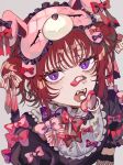  1boy 1girl bow fang frills hair_ornament hairclip highres kuroume_(aihikarikuroume24) looking_at_viewer open_mouth original pacifier pill pink_bow puffy_short_sleeves puffy_sleeves redhead short_hair short_sleeves simple_background solo teeth violet_eyes 
