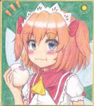  1girl :t ascot blue_eyes blush bow eating face fairy_wings food hand_up highres looking_at_viewer luke_(kyeftss) notice_lines shikishi short_hair solo sunny_milk touhou traditional_media two_side_up upper_body wavy_mouth wings 