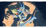  closed_mouth from_side highres jewelry letterboxed lucario natu outstretched_arm pokemon pokemon_(creature) pokemon_on_arm red_eyes shadow spikes symbol symbol-only_commentary torinoko_(miiko_draw) 