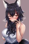  1girl animal_ear_fluff animal_ears black_hair breasts brown_eyes closed_mouth eyebrows_visible_through_hair hair_between_eyes highres hololive large_breasts long_hair multicolored_hair ookami_mio redhead shiki_(catbox230123) shirt solo streaked_hair tail virtual_youtuber white_shirt wolf_ears wolf_tail 