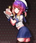  1girl black_legwear blue_skirt blush brown_background brown_eyes cake cake_slice candle closed_mouth cowboy_shot eyebrows_visible_through_hair food gloves hat heart heart_background highres holding holding_plate kantai_collection long_hair mole mole_under_eye plate pleated_skirt puffy_short_sleeves puffy_sleeves purple_hair sailor_hat school_uniform serafuku short_sleeves skirt solo thigh-highs tsushima_(kancolle) twitter_username unidentified_nk white_gloves white_headwear 