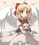  2girls angel_wings bangs blonde_hair blue_eyes blush bow bowtie brown_vest chibi closed_mouth collared_shirt commentary_request feathered_wings frilled_skirt frills fuyoyo gengetsu_(touhou) happy juliet_sleeves long_sleeves maid maid_headdress minigirl mugetsu_(touhou) multiple_girls open_mouth pink_skirt puffy_sleeves red_bow red_bowtie red_ribbon ribbon shirt short_hair siblings sisters skirt smile touhou touhou_(pc-98) v-shaped_eyebrows vest white_shirt white_wings wings yellow_eyes |_| 