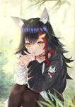  1girl absurdres animal_ear_fluff animal_ears bangs black_choker black_hair black_hoodie black_legwear blurry blurry_background branch choker elbow_on_knee falling_leaves fingers_together forest highres hololive hood hoodie jiejeat leaf long_hair looking_at_viewer multicolored_hair nature ookami_mio pantyhose redhead sitting smile solo streaked_hair tail tree two-tone_hoodie white_hoodie wind wolf_ears wolf_girl wolf_tail yellow_eyes 