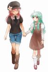  :d alternate_hairstyle aqua_hair bad_id bobby_socks boots cabbie_hat casual closed_eyes denim denim_shorts galaxy_angel green_hair hair_down hat highres holding_hands long_hair milfeulle_sakuraba necktie nyama open_mouth pink_hair ponytail red_eyes shorts smile socks vanilla_h 