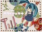  &gt;_&lt; :&gt; aqua_hair blush blush_stickers dress hatsune_miku junji socks solo spring_onion twintails vocaloid 