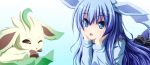  :&lt; animal_ears blue_eyes blue_hair glaceon leafeon long_hair lying on_stomach personification pokemon shushio tail 