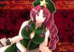  braid breasts china_dress chinese_clothes cleavage clenched_hand hong_meiling long_hair midriff red_eyes red_hair redhead solo toobane touhou twin_braids 