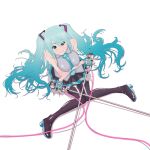  aqua_eyes aqua_hair boots detached_sleeves fingerless_gloves from_above gloves hatsune_miku legs microphone microphone_stand necktie renha simple_background sitting skirt solo stand thigh-highs thigh_boots thighhighs twintails vocaloid 