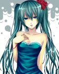  aqua_eyes aqua_hair bare_shoulders bracelet colored hand_on_chest hand_on_own_chest hatsune_miku hinase_kanoto jewelry long_hair solo vocaloid 