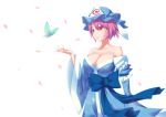  bare_shoulders bow breasts butterfly cleavage hat highres japanese_clothes paseri_3gou petals pink_eyes pink_hair saigyouji_yuyuko short_hair solo tears touhou 