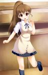  blush breasts brown_eyes brown_hair kneehighs long_hair odaya odayan open_mouth ponytail skirt smile socks solo taneshima_popura very_long_hair waitress working!! 