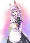  1girl alternate_costume animal_ears apron enmaided gloves kyon_(fuuran) long_hair maid maid_headdress open_mouth purple_hair rabbit_ears red_eyes reisen_udongein_inaba smile solo touhou violet_eyes white_gloves 