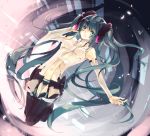  aqua_eyes aqua_hair bridal_gauntlets detached_sleeves hatsune_miku hatsune_miku_(append) highres laruha long_hair miku_append navel necktie solo thigh-highs thighhighs twintails very_long_hair vocaloid vocaloid_append zettai_ryouiki 