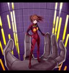  brown_hair giant_hand hand_on_hip hands hm_(toraoh) long_hair mecha neon_genesis_evangelion plugsuit shikinami_asuka_langley smile souryuu_asuka_langley 