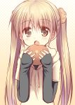  1girl akane_souichi bread brown_eyes brown_hair eating fang food hoodie long_hair open_mouth original sleeves_past_wrists solo twintails 