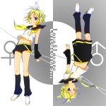  blue_eyes brother_and_sister detached_sleeves headphones highres kagamine_len kagamine_rin mars_symbol midriff mikami_mika ribbon rotational_symmetry short_hair siblings twins ura-omote_lovers_(vocaloid) venus_symbol vocaloid 
