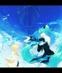  aqua_hair ar_tonelico bare_shoulders blonde_hair blue_eyes bow detached_sleeves exec_resolution/._(vocaloid) gust hair_bow hand_on_chest hand_on_own_chest hatsune_miku highres hymmnos kagamine_rin long_hair multiple_girls nail_polish short_hair singing sky twintails very_long_hair vocaloid yumemitsuki 