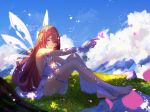  absurdres backless_dress backless_outfit bangs barefoot blue_lizz_penguin brown_hair bug butterfly clouds dress elbow_gloves eyebrows_behind_hair fairy_wings gloves grass highres indie_virtual_youtuber mountain nina_saotome pink_butterfly sitting sky smile thigh_strap violet_eyes virtual_youtuber white_dress white_gloves wings 