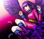  blue_eyes boots dice_(artist) feathers megami_tensei mou_shobou purple_hair wings 