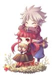  arad_senki bag belt blush bread butterfly chibi closed_eyes dungeon_and_fighter eating flower food grey_hair gunner_(dungeon_and_fighter) mage_(dungeon_and_fighter) metawin mushroom pantyhose pointy_ears red_eyes red_hair redhead sitting smile stump tree_stump twintails 