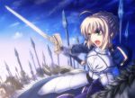  armor armored_dress army blonde_hair breastplate cavalry dress excalibur fate/stay_night fate_(series) faulds gauntlets glowing glowing_weapon green_eyes horse knight mo-ai polearm saber sky sword weapon 
