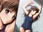  arms_up brown_eyes brown_hair close-up from_above long_hair lying on_back one-piece_swimsuit original road_(artist) school_swimsuit short_twintails solo split_screen swimsuit twintails wet 