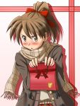  blush brown_eyes brown_hair coat hair_ribbon holding holding_gift incoming_gift lielos obligation_chocolate original poniko_(lielos) ponytail ribbon scarf solo tsundere tsurime valentine 