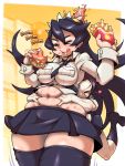  2girls black_hair black_legwear carol_(skullgirls) filia_(skullgirls) food french_fries hamburger highres hug long_hair midriff moyoosu multiple_girls painwheel_(skullgirls) plump prehensile_hair samson_(skullgirls) skirt skullgirls smile sweat thick_thighs thigh-highs thighs very_long_hair 