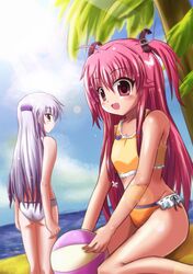  angel_beats! bad_id ball beach beachball belt bikini fang highres long_hair multiple_girls pink_eyes pink_hair rayhwang short_twintails silver_hair swimsuit tachibana_kanade twintails yellow_eyes yui_(angel_beats!) 