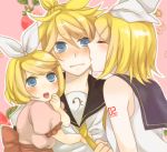  2girls blonde_hair blue_eyes blush cheek_kiss child closed_eyes couple family food fruit hair_ornament hair_ribbon hairclip if_they_mated incest kagamine_len kagamine_rin kiri_(lwp01_lav) kiss multiple_girls ribbon short_hair siblings strawberry tie_grab twincest twins vocaloid 