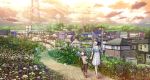  brown_eyes brown_hair bubble bubble_blowing building cityscape dress field flower fo~do original path power_lines scenery town twilight 